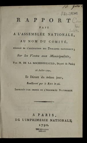 Rapport fait a l'Assemble e nationale, au nom du Comite , charge de l'alie nation des domaines nationaux, sur les ventes aux municipalite s